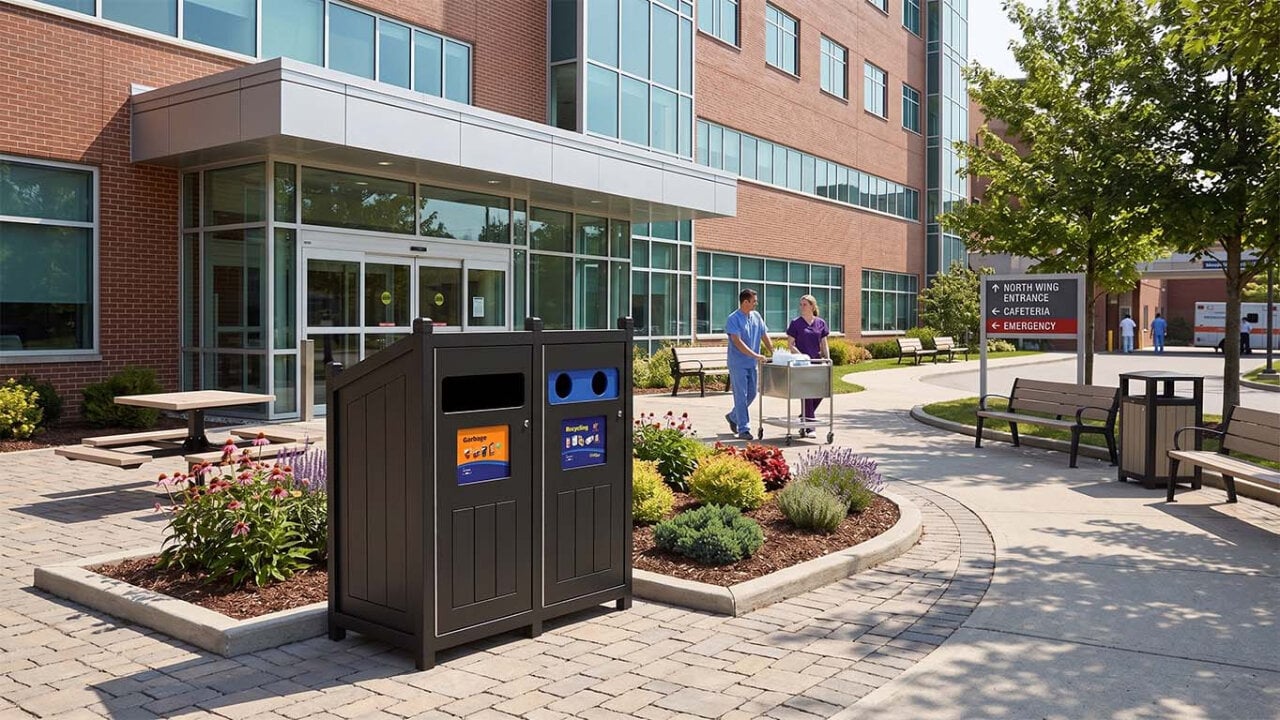 **SEO alt text:** High capacity waste and recycling bin in a landscaped hospital outdoor area with benches, picnic tables, and accessible walkways.